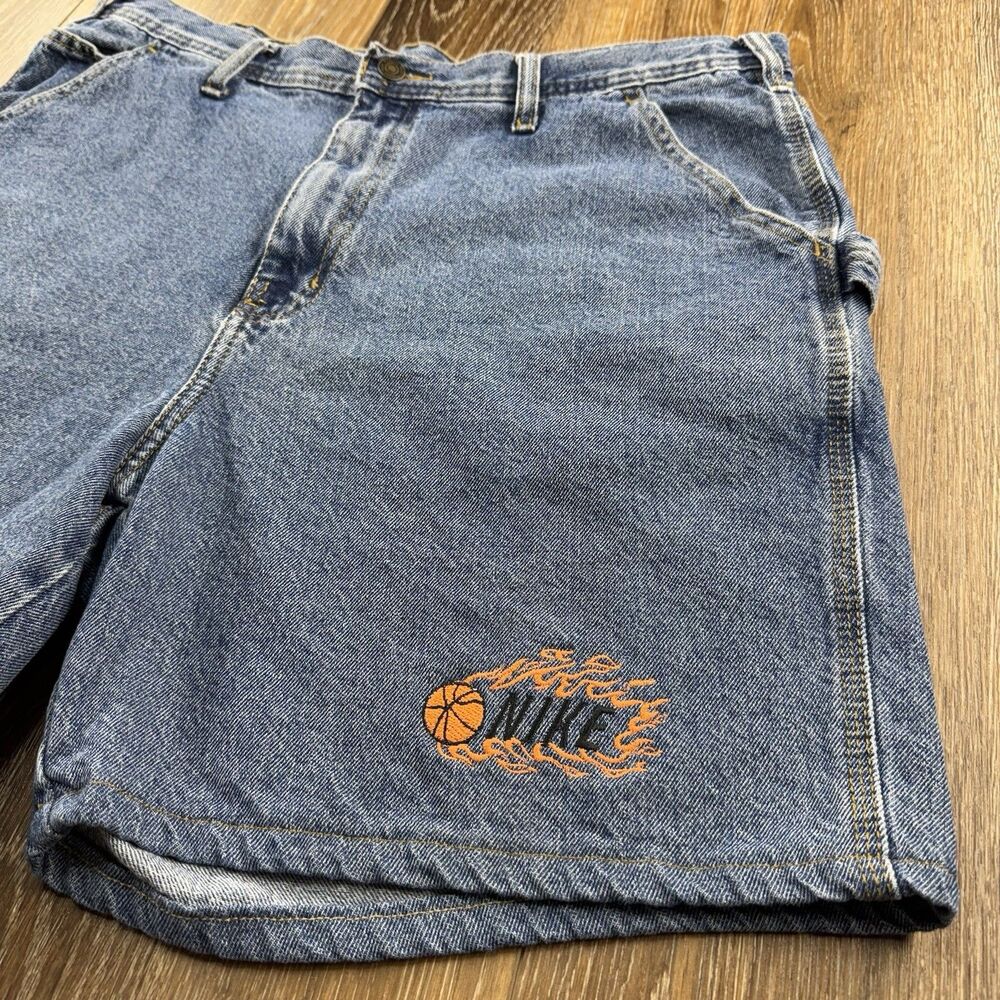 Vintage Nike Jorts Mens 38 Blue Denim Shorts Flames Basketball Baggy Skate Boot